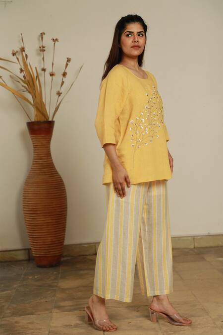 Linen Bloom_Yellow 100% Linen Striped Pant_Online_at_Aza_Fashions
