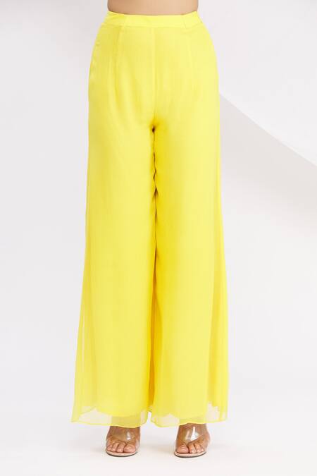 Shop Nitika Kanodia Gupta Yellow Asymmetric Kurta And Pant Set Online at Aza Fashions Shop_Nitika Kanodia Gupta_Yellow Asymmetric Kurta And Pant Set_Online_at_Aza_Fashions