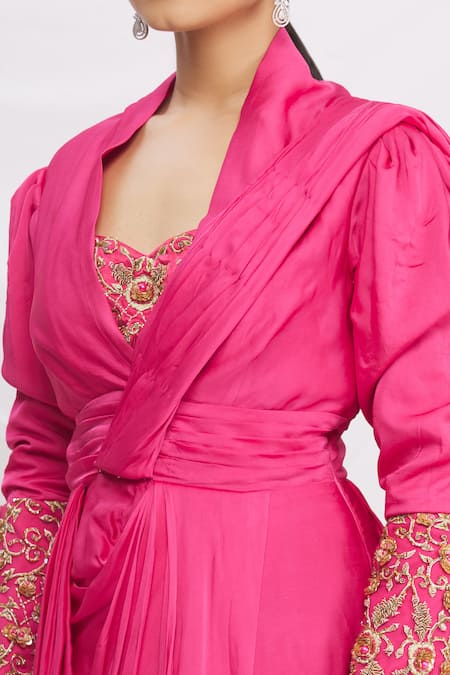 Nitika Kanodia Gupta_Pink Cowl Draped Saree Gown_at_Aza_Fashions