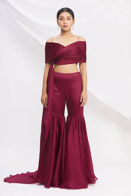 Nitika Kanodia Gupta_Maroon Pleated Sharara Set_Online_at_Aza_Fashions
