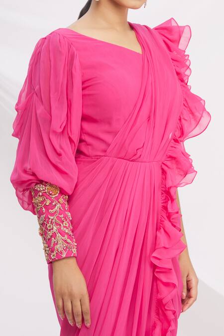 Nitika Kanodia Gupta_Pink Ruffle Pre-draped Saree_at_Aza_Fashions