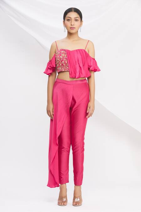 Buy Nitika Kanodia Gupta Pink Draped Top And Pant Set Online at Aza Fashions Buy_Nitika Kanodia Gupta_Pink Draped Top And Pant Set_Online_at_Aza_Fashions