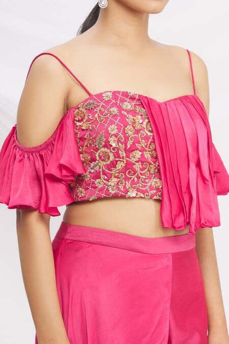 Shop Nitika Kanodia Gupta Pink Draped Top And Pant Set Online at Aza Fashions Shop_Nitika Kanodia Gupta_Pink Draped Top And Pant Set_Online_at_Aza_Fashions