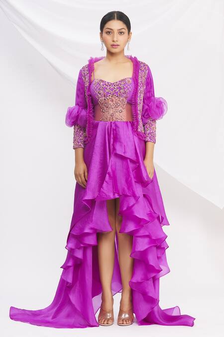 Buy Nitika Kanodia Gupta Purple Embroidered Gown With Jacket Online at Aza Fashions Buy_Nitika Kanodia Gupta_Purple Embroidered Gown With Jacket_Online_at_Aza_Fashions