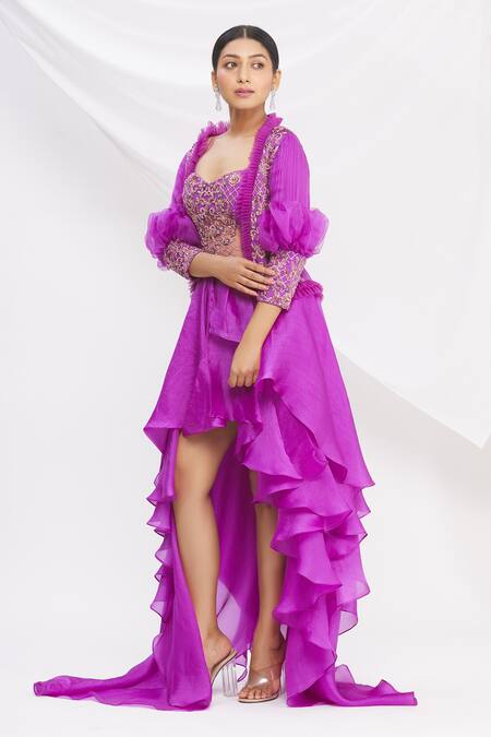 Shop Nitika Kanodia Gupta Purple Embroidered Gown With Jacket Online at Aza Fashions Shop_Nitika Kanodia Gupta_Purple Embroidered Gown With Jacket_Online_at_Aza_Fashions