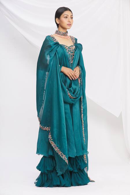 Nitika Kanodia Gupta_Blue Dupatta Organza Layered Sharara Jumpsuit With_Online_at_Aza_Fashions