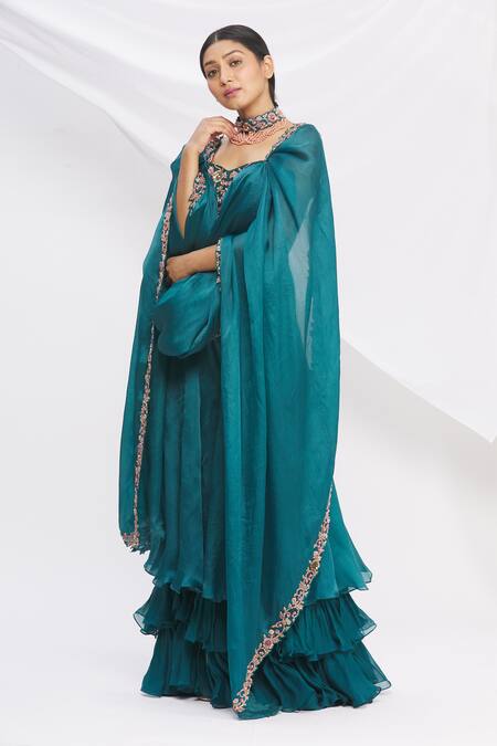 Buy_Nitika Kanodia Gupta_Blue Dupatta Organza Layered Sharara Jumpsuit With_Online_at_Aza_Fashions