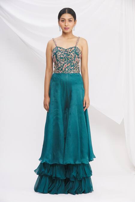 Shop_Nitika Kanodia Gupta_Blue Dupatta Organza Layered Sharara Jumpsuit With_Online_at_Aza_Fashions