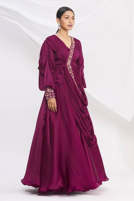 Nitika Kanodia Gupta_Purple Organza Draped Tunic And Lehenga Set_Online_at_Aza_Fashions