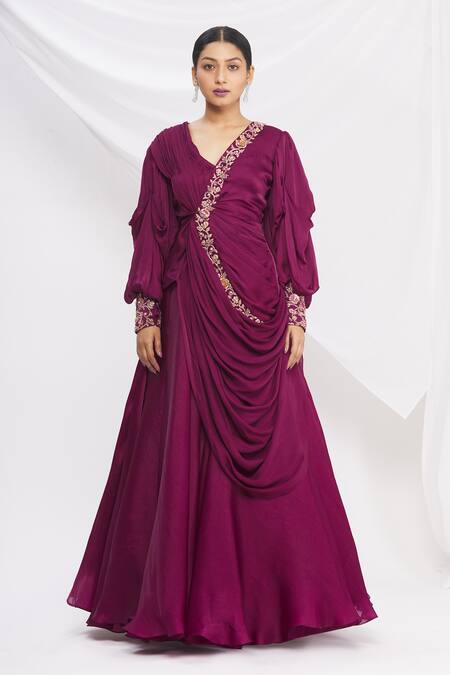 Buy_Nitika Kanodia Gupta_Purple Organza Draped Tunic And Lehenga Set_Online_at_Aza_Fashions