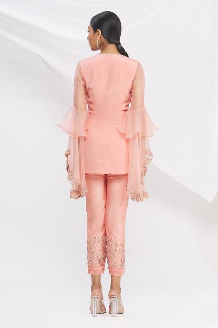 Shop Nitika Kanodia Gupta Pink Draped Tunic And Pant Set at Aza Fashions Shop_Nitika Kanodia Gupta_Pink Draped Tunic And Pant Set_at_Aza_Fashions