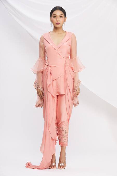 Nitika Kanodia Gupta Pink Draped Tunic And Pant Set Online at Aza Fashions Nitika Kanodia Gupta_Pink Draped Tunic And Pant Set_Online_at_Aza_Fashions