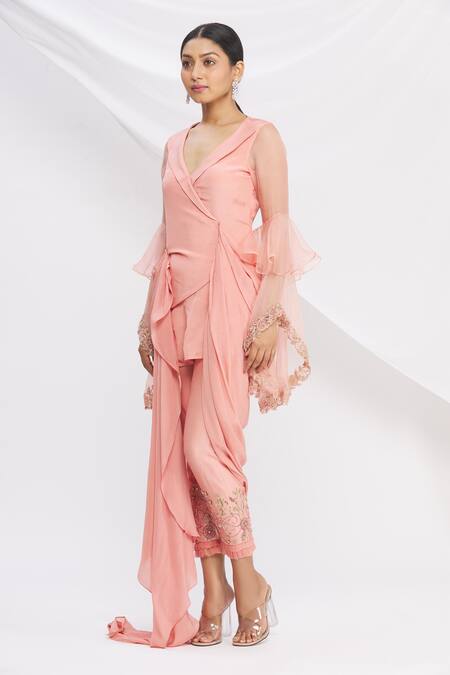 Buy Nitika Kanodia Gupta Pink Draped Tunic And Pant Set Online at Aza Fashions Buy_Nitika Kanodia Gupta_Pink Draped Tunic And Pant Set_Online_at_Aza_Fashions