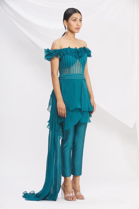 Nitika Kanodia Gupta_Blue Draped Off Shoulder Jumpsuit_Online_at_Aza_Fashions