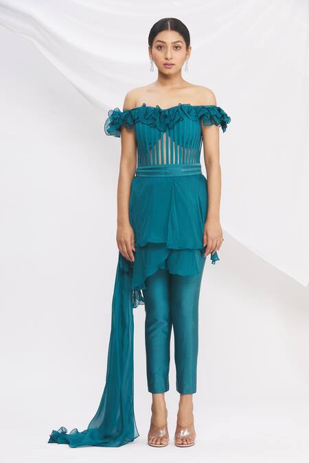 Buy_Nitika Kanodia Gupta_Blue Draped Off Shoulder Jumpsuit_Online_at_Aza_Fashions