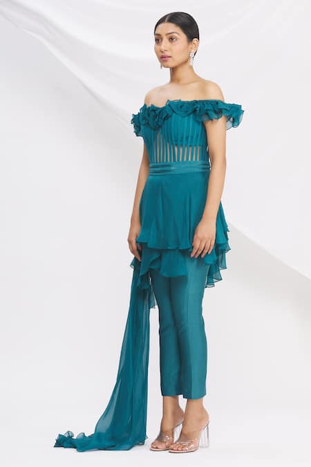 Shop_Nitika Kanodia Gupta_Blue Draped Off Shoulder Jumpsuit_Online_at_Aza_Fashions