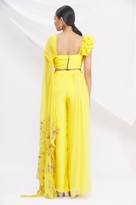Shop Nitika Kanodia Gupta Yellow Embroidered Pant Saree Set at Aza Fashions Shop_Nitika Kanodia Gupta_Yellow Embroidered Pant Saree Set_at_Aza_Fashions