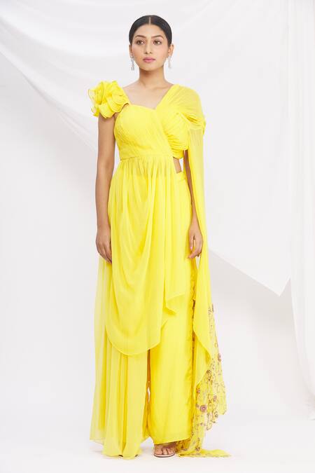 Nitika Kanodia Gupta Yellow Embroidered Pant Saree Set Online at Aza Fashions Nitika Kanodia Gupta_Yellow Embroidered Pant Saree Set_Online_at_Aza_Fashions