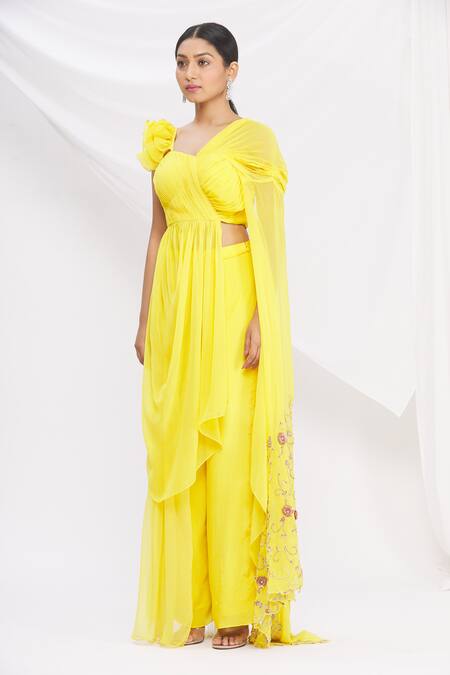 Buy Nitika Kanodia Gupta Yellow Embroidered Pant Saree Set Online at Aza Fashions Buy_Nitika Kanodia Gupta_Yellow Embroidered Pant Saree Set_Online_at_Aza_Fashions
