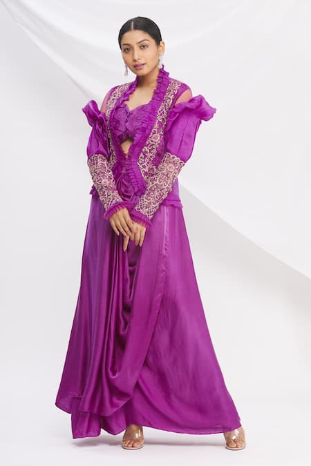 Buy_Nitika Kanodia Gupta_Purple Pleated Jacket And Cowl Draped Skirt Set_Online_at_Aza_Fashions