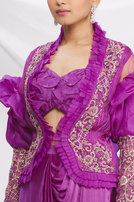 Nitika Kanodia Gupta_Purple Pleated Jacket And Cowl Draped Skirt Set_at_Aza_Fashions
