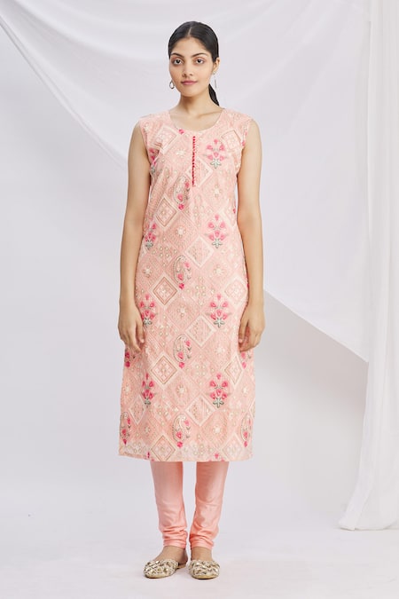 Samyukta Singhania Pink Chanderi Silk, Chiffon, Lycra Round Neck Floral Embroidered Kurta Set Online at Aza Fashions Samyukta Singhania_Pink Chanderi Silk, Chiffon, Lycra Round Neck Floral Embroidered Kurta Set_Online_at_Aza_Fashions