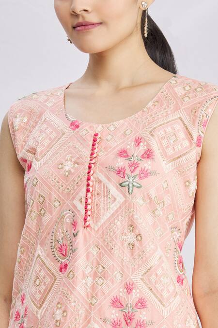 Samyukta Singhania Pink Chanderi Silk, Chiffon, Lycra Round Neck Floral Embroidered Kurta Set at Aza Fashions Samyukta Singhania_Pink Chanderi Silk, Chiffon, Lycra Round Neck Floral Embroidered Kurta Set_at_Aza_Fashions