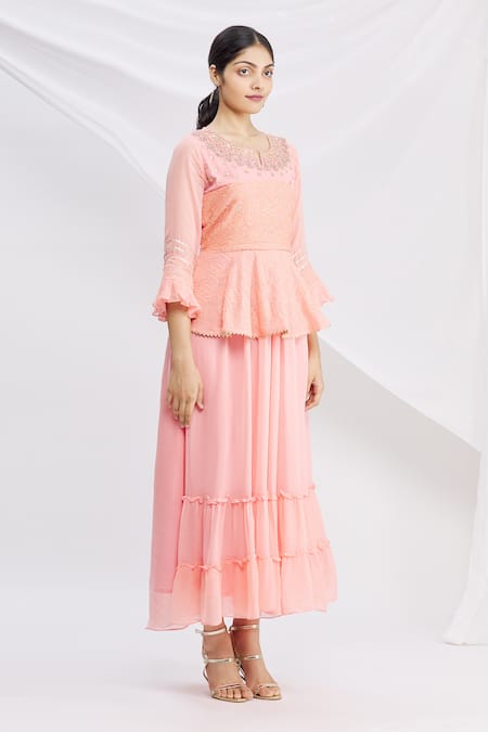 Khwaab By Sanjana Lakhani_Peach Georgette Sequins Round Neck Floral Embroidered Peplum Tunic _Online_at_Aza_Fashions