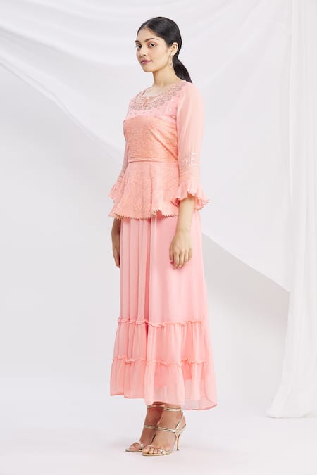 Buy_Khwaab By Sanjana Lakhani_Peach Georgette Sequins Round Neck Floral Embroidered Peplum Tunic _Online_at_Aza_Fashions