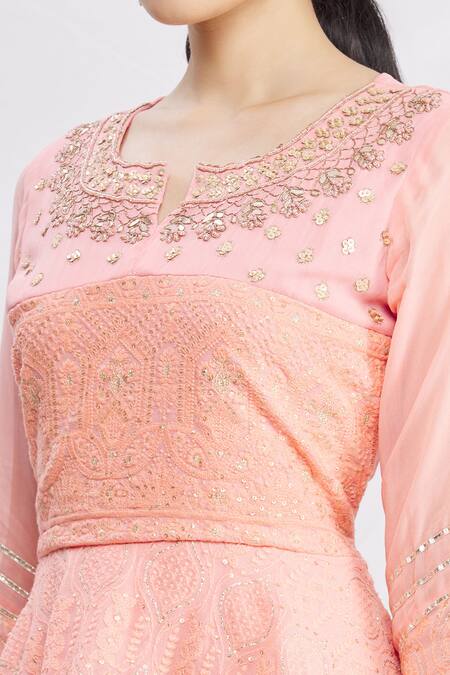 Khwaab By Sanjana Lakhani_Peach Georgette Sequins Round Neck Floral Embroidered Peplum Tunic _at_Aza_Fashions