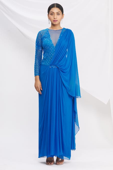 Rajat & Shraddha Blue Net, Georgette Draped Saree Gown Online at Aza Fashions Rajat & Shraddha_Blue Net, Georgette Draped Saree Gown _Online_at_Aza_Fashions
