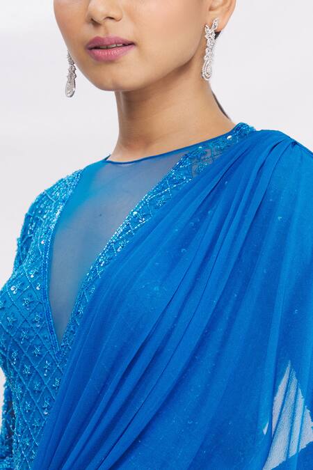 Rajat & Shraddha Blue Net, Georgette Draped Saree Gown at Aza Fashions Rajat & Shraddha_Blue Net, Georgette Draped Saree Gown _at_Aza_Fashions