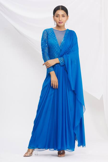 Buy Rajat & Shraddha Blue Net, Georgette Draped Saree Gown Online at Aza Fashions Buy_Rajat & Shraddha_Blue Net, Georgette Draped Saree Gown _Online_at_Aza_Fashions