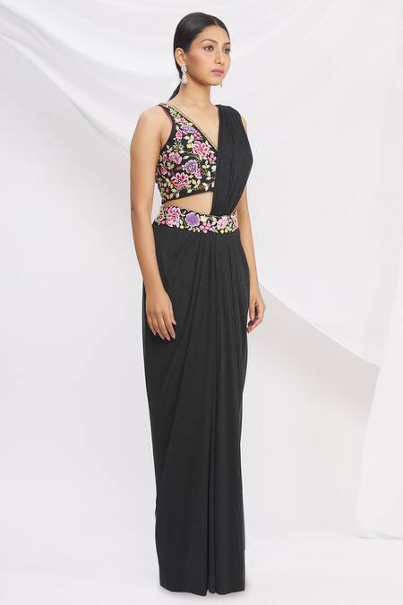 Rajat & Shraddha Black Net, Shimmer Lycra Pre-draped Saree With Blouse Online at Aza Fashions Rajat & Shraddha_Black Net, Shimmer Lycra Pre-draped Saree With Blouse _Online_at_Aza_Fashions