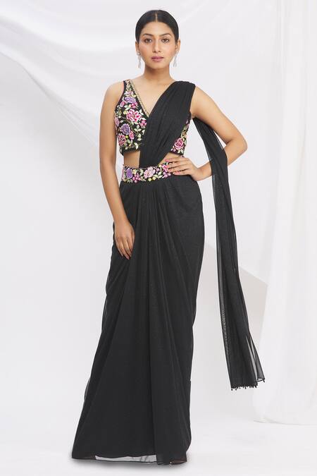 Rajat & Shraddha Black Shimmer Lycra Pre-draped Saree With Blouse  