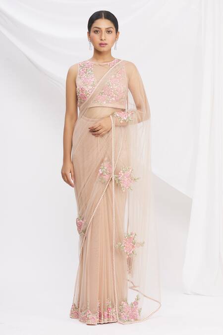 Rajat & Shraddha_Beige Net, Georgette Pre-draped Sheer Saree With Blouse _Online_at_Aza_Fashions