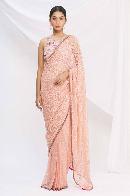 Rajat & Shraddha_Peach Lace Pre-draped Floral Saree With Blouse  _Online_at_Aza_Fashions