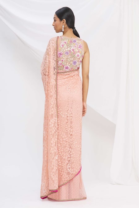 Shop_Rajat & Shraddha_Peach Lace Pre-draped Floral Saree With Blouse  _at_Aza_Fashions