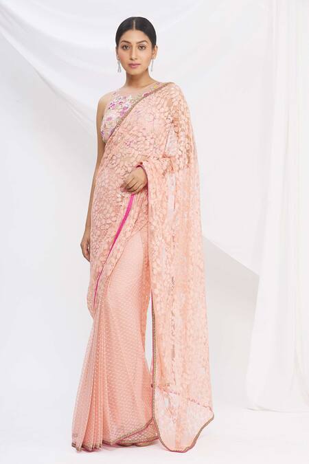 Buy_Rajat & Shraddha_Peach Lace Pre-draped Floral Saree With Blouse  _Online_at_Aza_Fashions