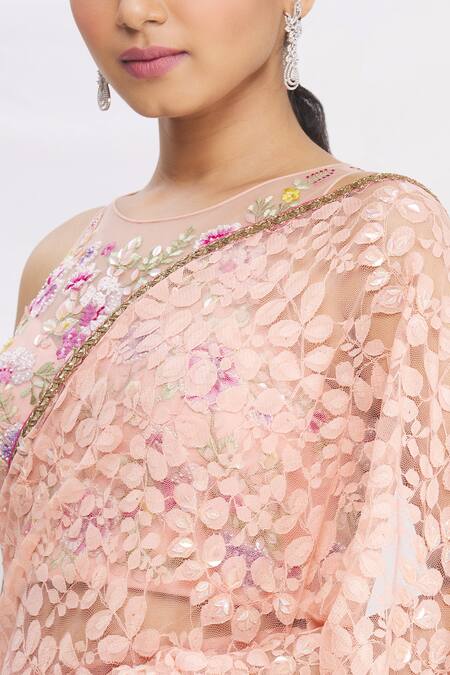 Rajat & Shraddha_Peach Lace Pre-draped Floral Saree With Blouse  _at_Aza_Fashions