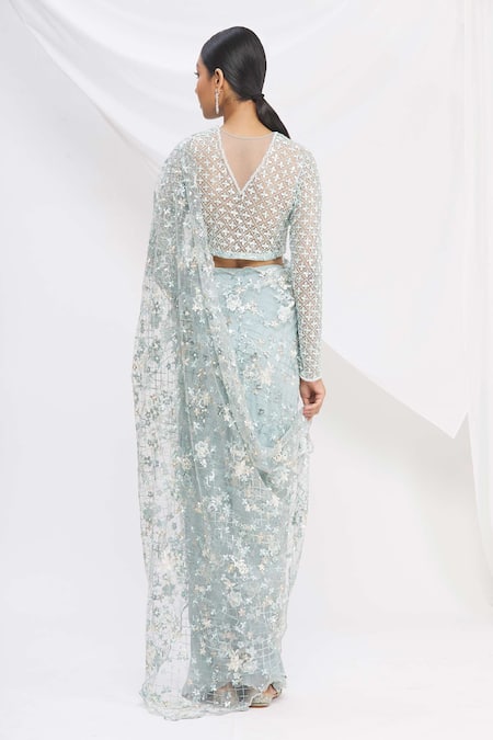 Rajat & Shraddha_Blue Net, Georgette Pre-draped Floral Embroidered Saree _Online_at_Aza_Fashions