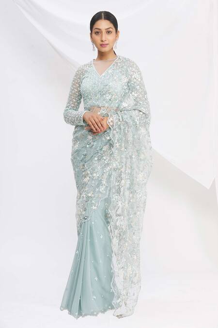 Shop_Rajat & Shraddha_Blue Net, Georgette Pre-draped Floral Embroidered Saree _Online_at_Aza_Fashions