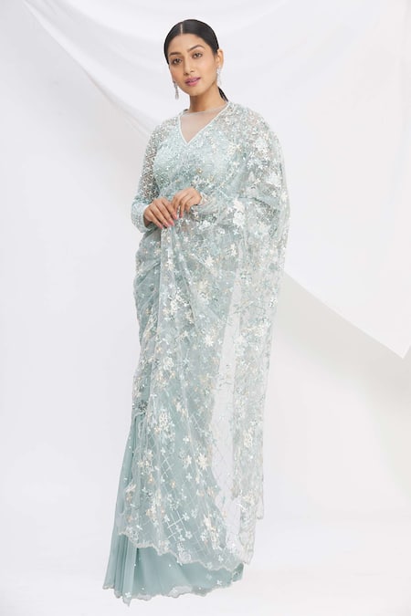 Rajat & Shraddha Pre-Draped Floral Embroidered Saree 