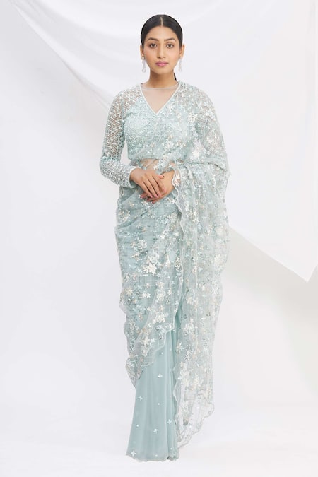 Rajat & Shraddha Pre-Draped Floral Embroidered Saree 