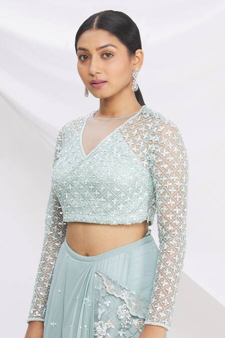 Rajat & Shraddha_Blue Net, Georgette Pre-draped Floral Embroidered Saree _at_Aza_Fashions