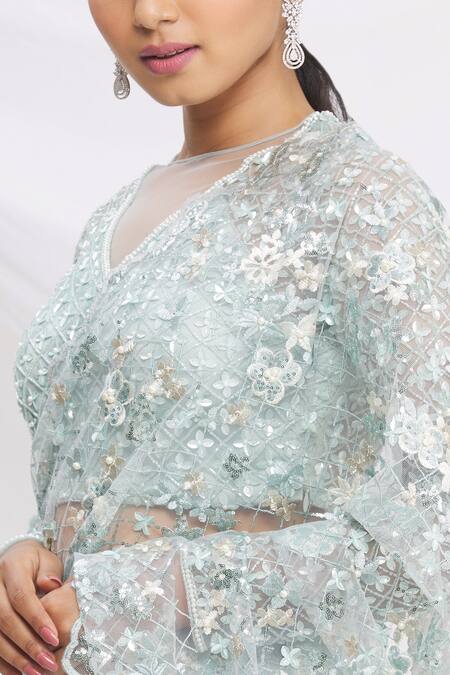Buy_Rajat & Shraddha_Blue Net, Georgette Pre-draped Floral Embroidered Saree 