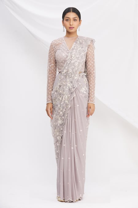 Rajat & Shraddha_Beige Georgette Pre-draped Floral Embroidered Saree  _Online_at_Aza_Fashions