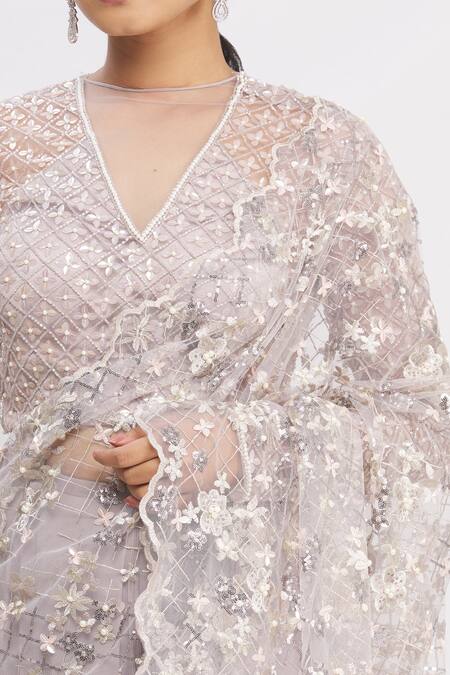 Rajat & Shraddha_Beige Georgette Pre-draped Floral Embroidered Saree  _at_Aza_Fashions