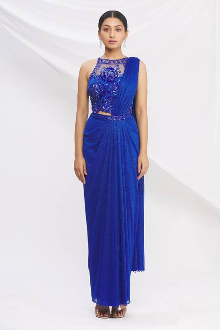 Rajat & Shraddha_Blue Net, Shimmer Lycra Pre-draped Saree With Blouse _Online_at_Aza_Fashions