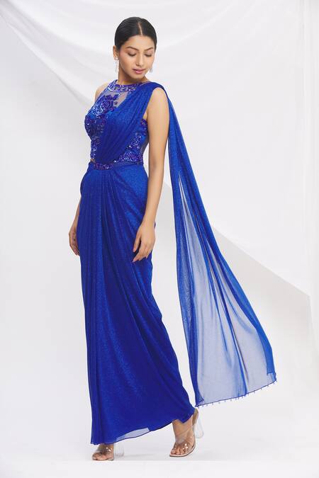 Buy_Rajat & Shraddha_Blue Net, Shimmer Lycra Pre-draped Saree With Blouse _Online_at_Aza_Fashions
